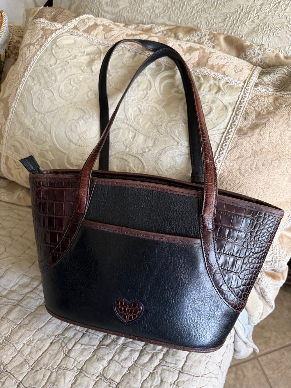 Brighton Classic Black and Brown Leather Tote Handbag alligator embossed leather